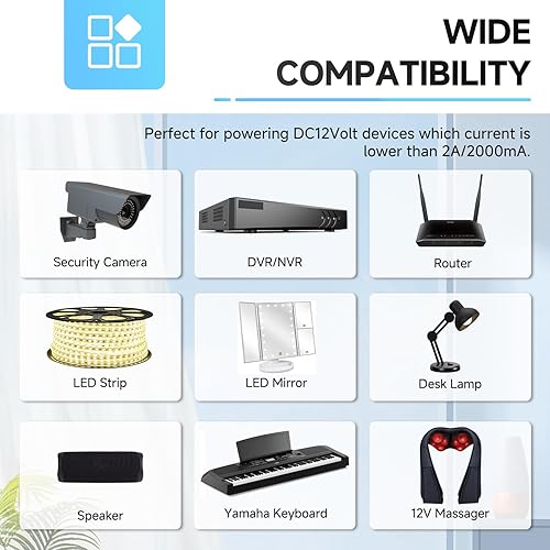 Miniatura 7 de Adaptador de fuente de alimentación de 12 V, 2 A, 6 pies, CA a CC 24 W, 2000 mA, 1500 mA, 1000 mA, 500 mA, cable de alimentación de repuesto con