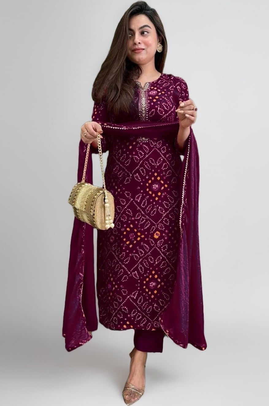 GoSriKi Women's Rayon Blend Straight Bandhej Printed Kurta with Pant & Dupatta