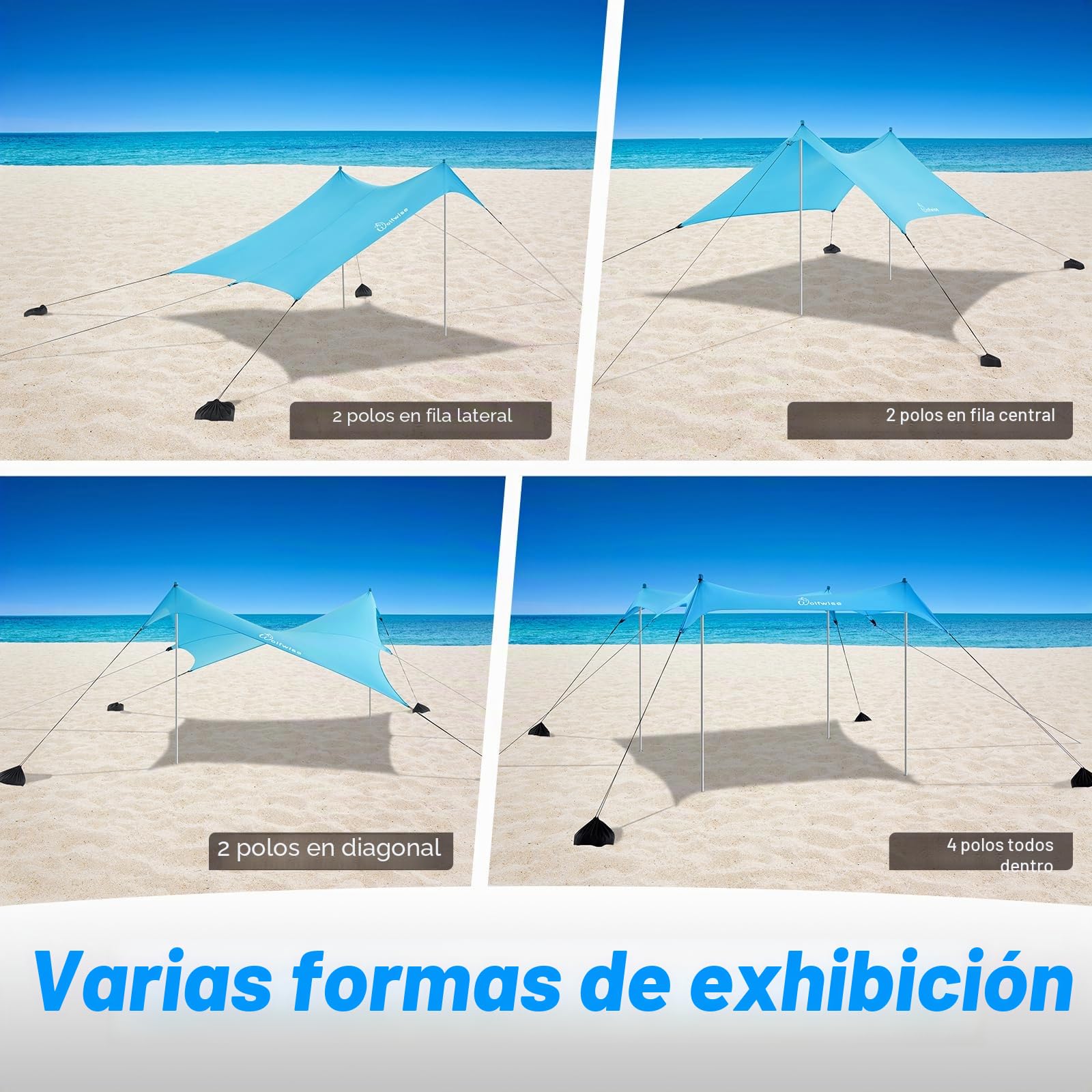 WolfWise UPF50+ Carpa de Playa con protección Solar, sombrilla para 2-6 Personas, fácil configuración, Resistente al Viento y Agua, toldo de Playa Azul