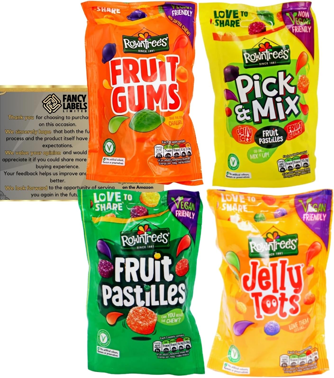 Fruit Jellies Bundle with Rowntree's Fruit Pastilles Sharing Pouch 143g, Jelly Tots Sweets 150g, Pick & Mix 150g and Fruit Gums 150g | Vegan Sweets Perfect for Sharing | Gift for Women and Kids