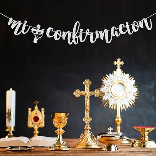 Miniatura 3 de Cartel Mi Confirmación, decoraciones de confirmación sagrada, boda, despedida de soltera, decoración de fiesta de bautismo, purpurina plateada