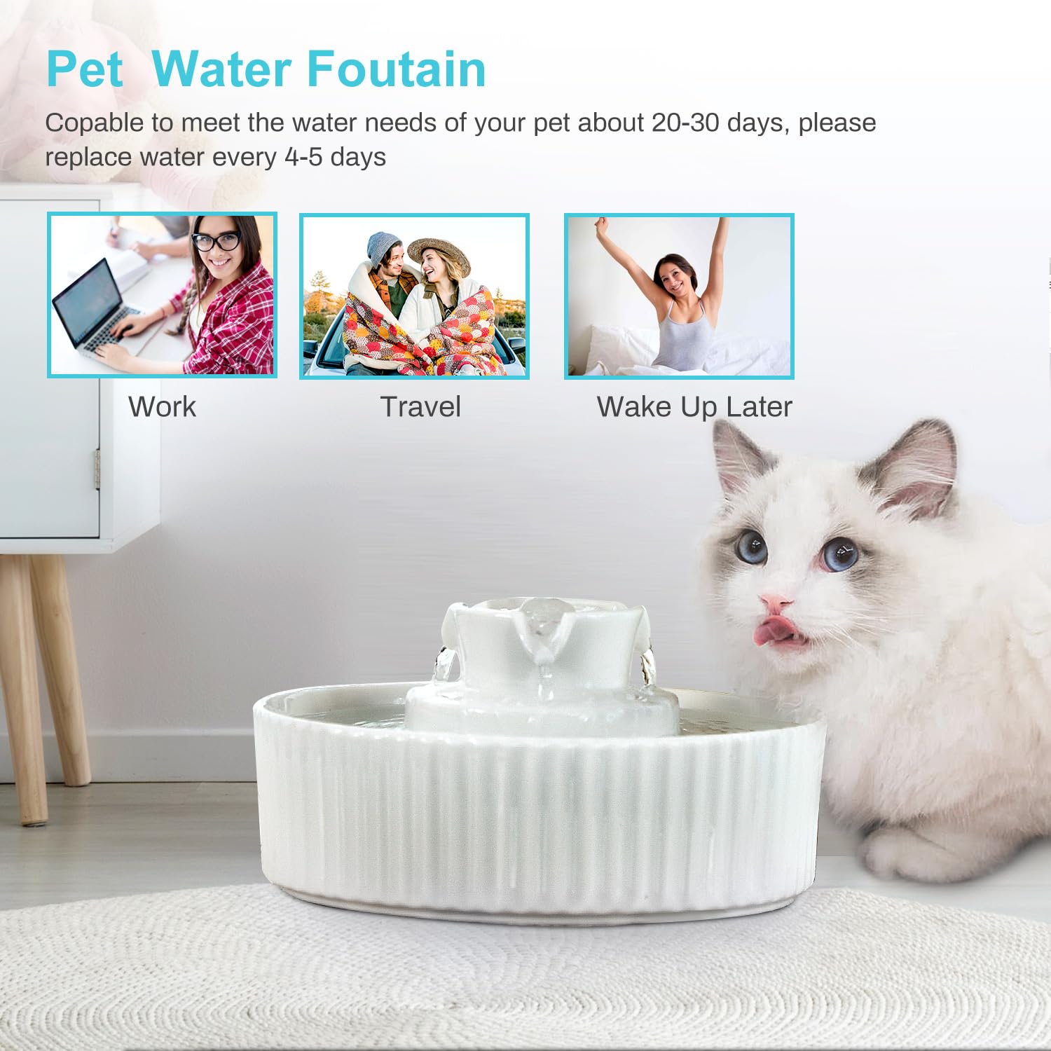Fontana per gatti in ceramica, 2,1 l, per gatti, in ceramica, silenziosa, con filtro ai carboni attivi, per più animali domestici, colore bianco