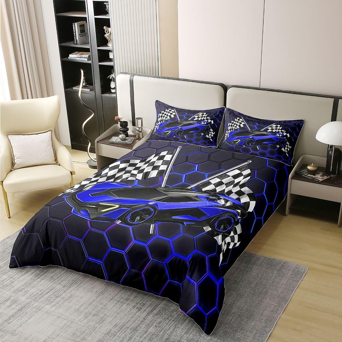 Castle Fairy Racing Car Girls Bedding Set Twin Size 100% Cotton, Cool Speed Luxury Car Bedding Set,Geometric Honeycomb Extreme Sports Room Decor,Dark Blue Black Quilt Cover,1 Pillowcase(No Filler)