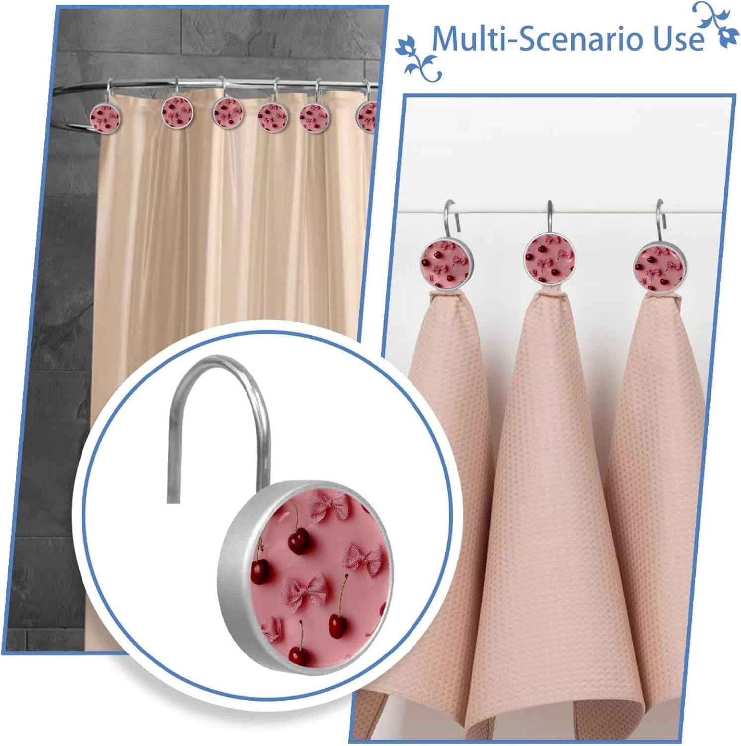 Pink Bows and Cherries on Pink Backgroun (1) Shower Curtain Hooks - Set of 12 Shower Curtain Rings - Shower Hooks for Bathroom Shower Rods Curtains and Liners