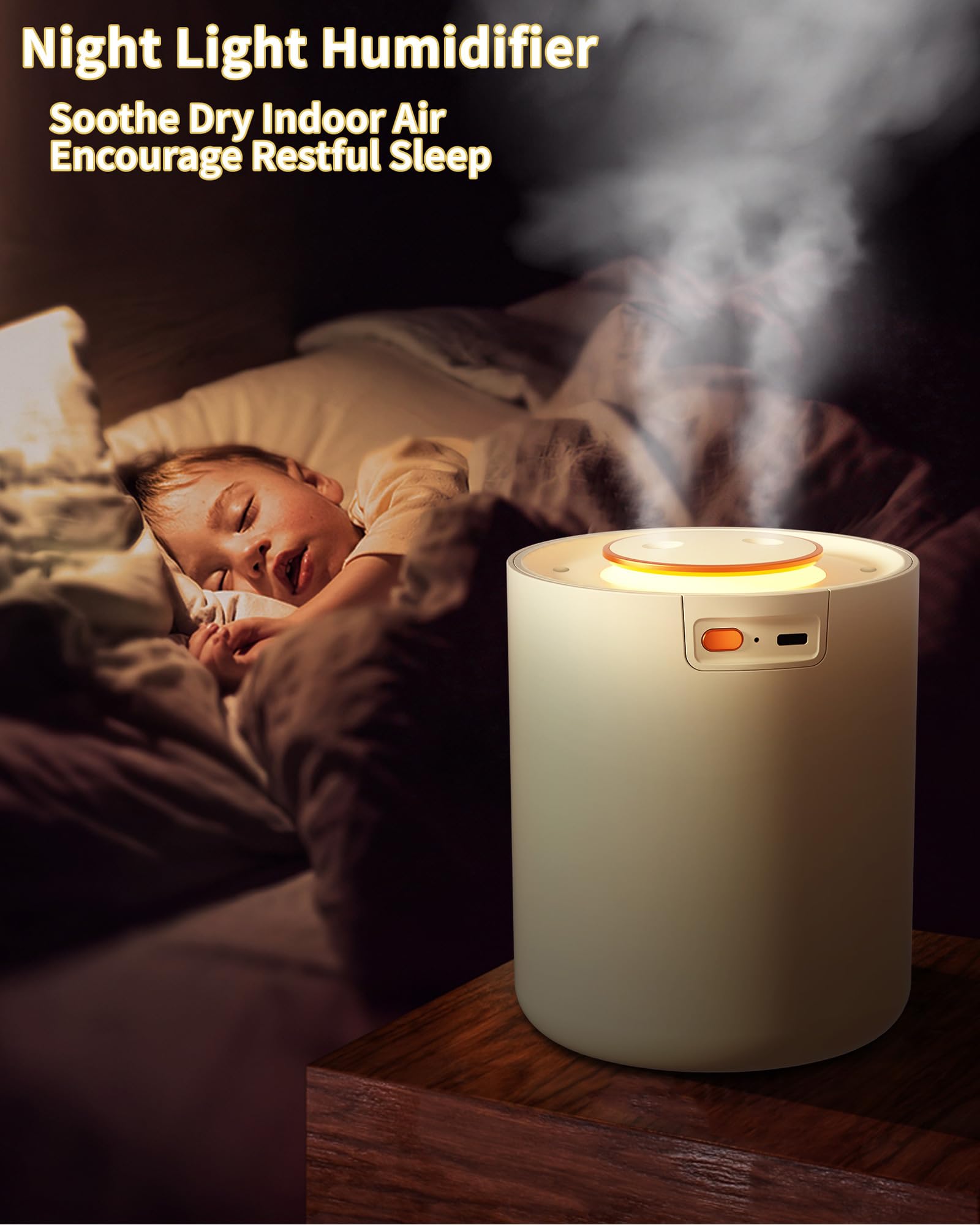 Umidificatore d'aria per camera da letto bambino con luce notturna, mini umidificatore per piante da 1500 ml, umidificatore ricaricabile da 1800 mAh con spegnimento automatico 9H, 3 modalità di nebbia