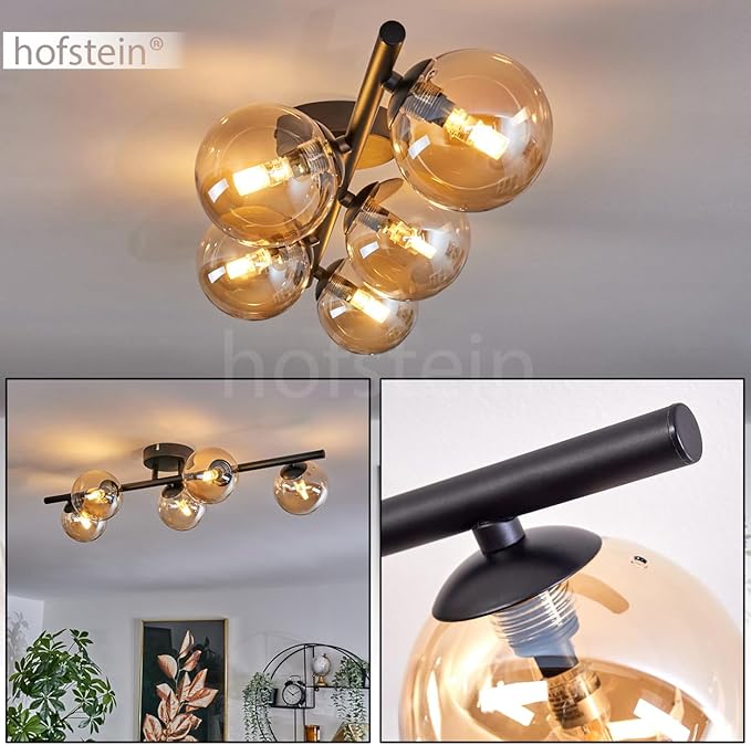 hofstein HOFSTEIN Plafondlamp Chehalis, plafondlamp van metaal/glas in zwart/barnsteenkleuren, lamp in retro/vintage design met glazen kap (Ø 10 cm), 5 x G9 LED, zonder lamp photo 2
