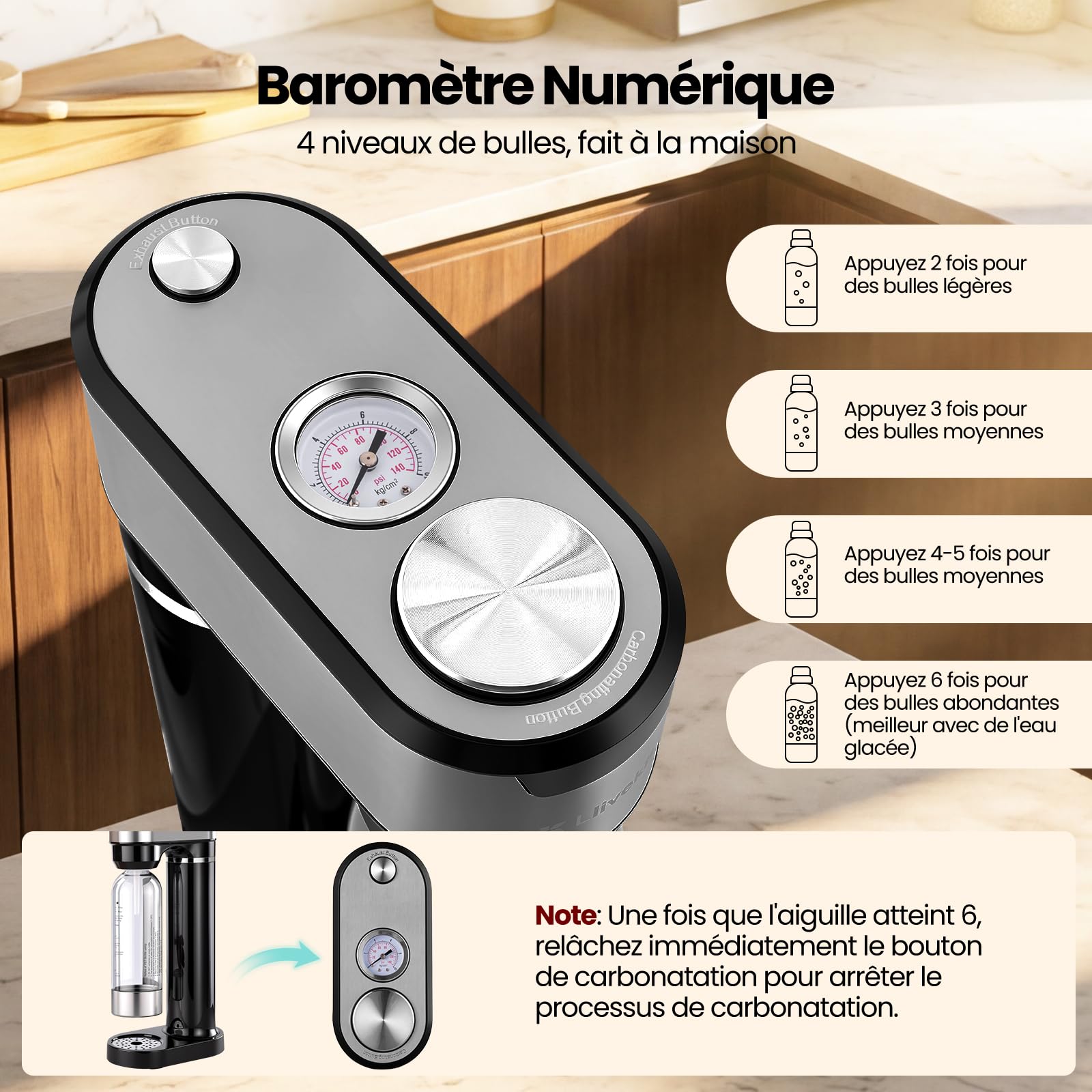 LLIVEKIT Machine à Eau Pétillante avec 4 Niveaux de Bulles, Machine à Soda avec Manomètre Visuel, 2 Bouteilles PET de 0,5 L et 1 L, Soupape de Sécurité, pour Boissons Gazeuses Domestiques, Noir