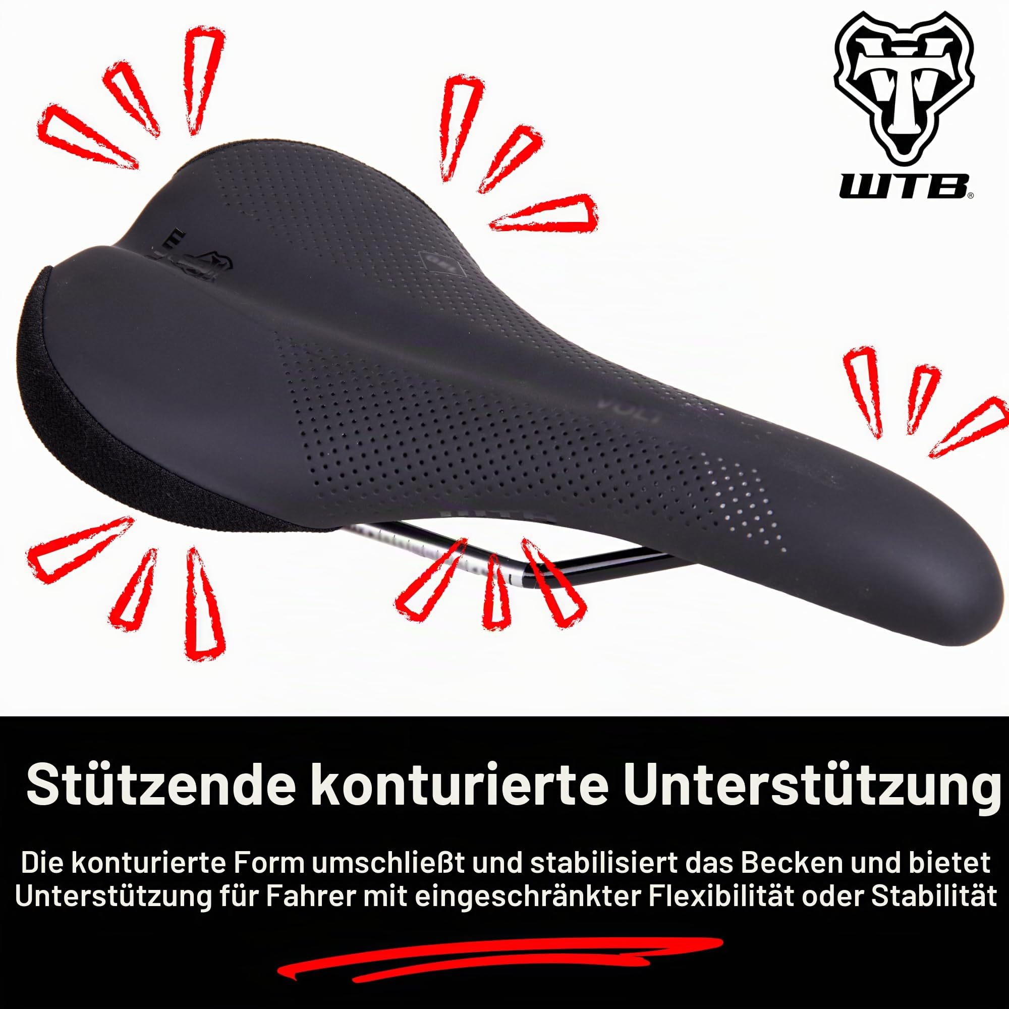 WTB Volt Fahrradsitz (Sattel) - Bequeme Mitteldicke Polsterung - Mountain, Gravel & E-Bikes (3 Größen, 3 Schienenoptionen)