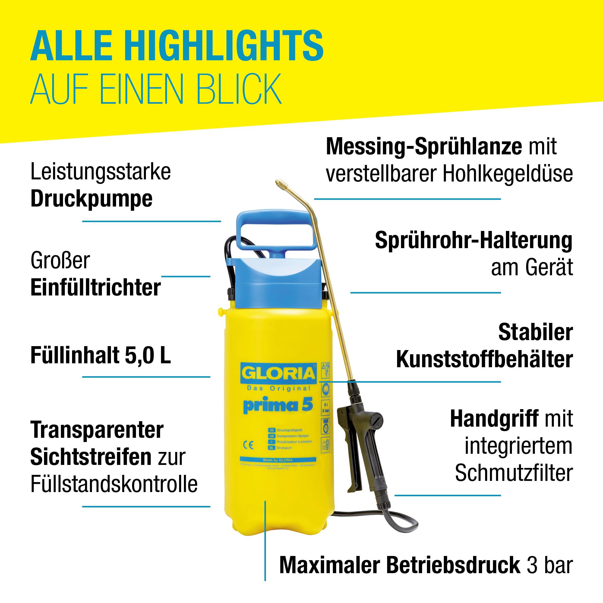 GLORIA Drucksprühgerät prima 5 | 5 Liter Gartenspritze & Drucksprüher | Pumpsprühflasche für Pflanzenschutz & Unkrautvernichter | Sprühflasche für Garten & Pflanzen