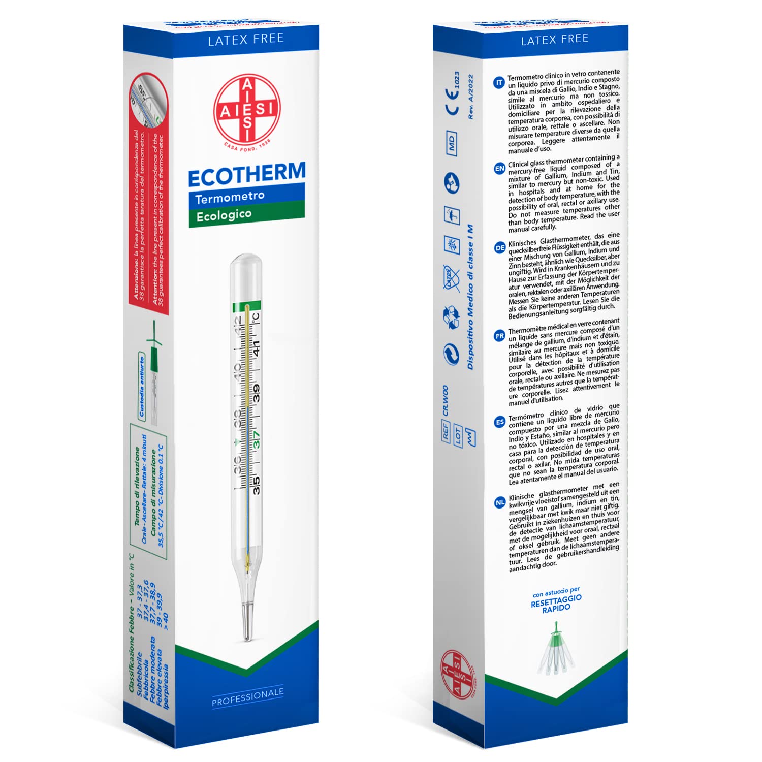 AIESI® Termómetro Clínico clásico de vidrio para fiebre de galio sin mercurio para adultos y niños ECOTHERM, Estuche para reajuste rápido, Ecológico, Garantía 24 meses
