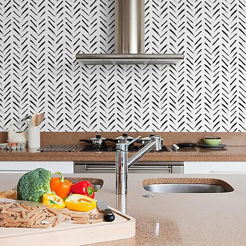 Miniatura 8 de Papel tapiz geométrico blanco y negro de 17.71 pulgadas x 472 pulgadas, papel de contacto a rayas, papel tapiz geométrico moderno, autoadhesivo,