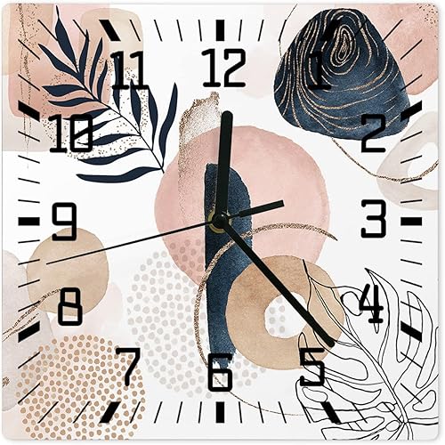 Reloj de pared de madera bohemio con diseño abstracto, silencioso, sin tictac, color azul marino, rosa, planta tropical, reloj de pared cuadrado,