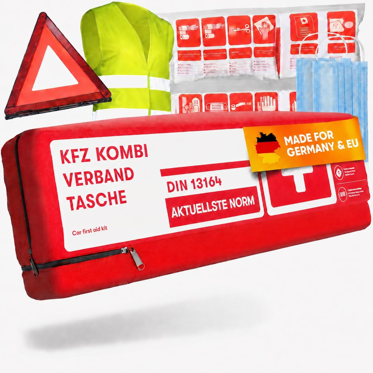 PURAHELP® KFZ Kombitasche inkl. Beatmungstuch [DIN 13164] | Verbandskasten Auto mit Warndreieck & Warnweste - PKW Verbandskasten StVO Konform für 2026 - Erste Hilfe Set Auto