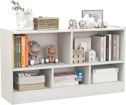 MEDIMALL 5 Cube Kids Toy Storage Organizer, 2-Tier Wooden Storage Cabinet Rack for Books Toys, Open Bookshelf Display Cabinet for Kids Room Playroom School Classroom