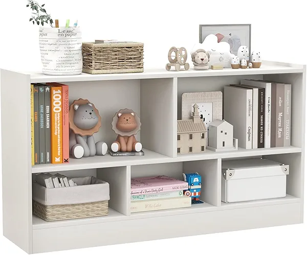 IFANNY Toy Storage Organizer, 2-Tier Kids Bookshelf, 5 Cube Kids' Bookcases, Cabinets & Shelves, Wooden Toy Organizers, Small Book Shelf for Bedroom, Playroom, Classroom, Nursery (White)
