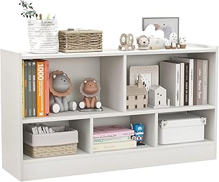 MEDIMALL 5 Cube Kids Toy Storage Organizer, 2-Tier Wooden Storage Cabinet Rack for Books Toys, Open Bookshelf Display Cabinet for Kids Room Playroom School Classroom