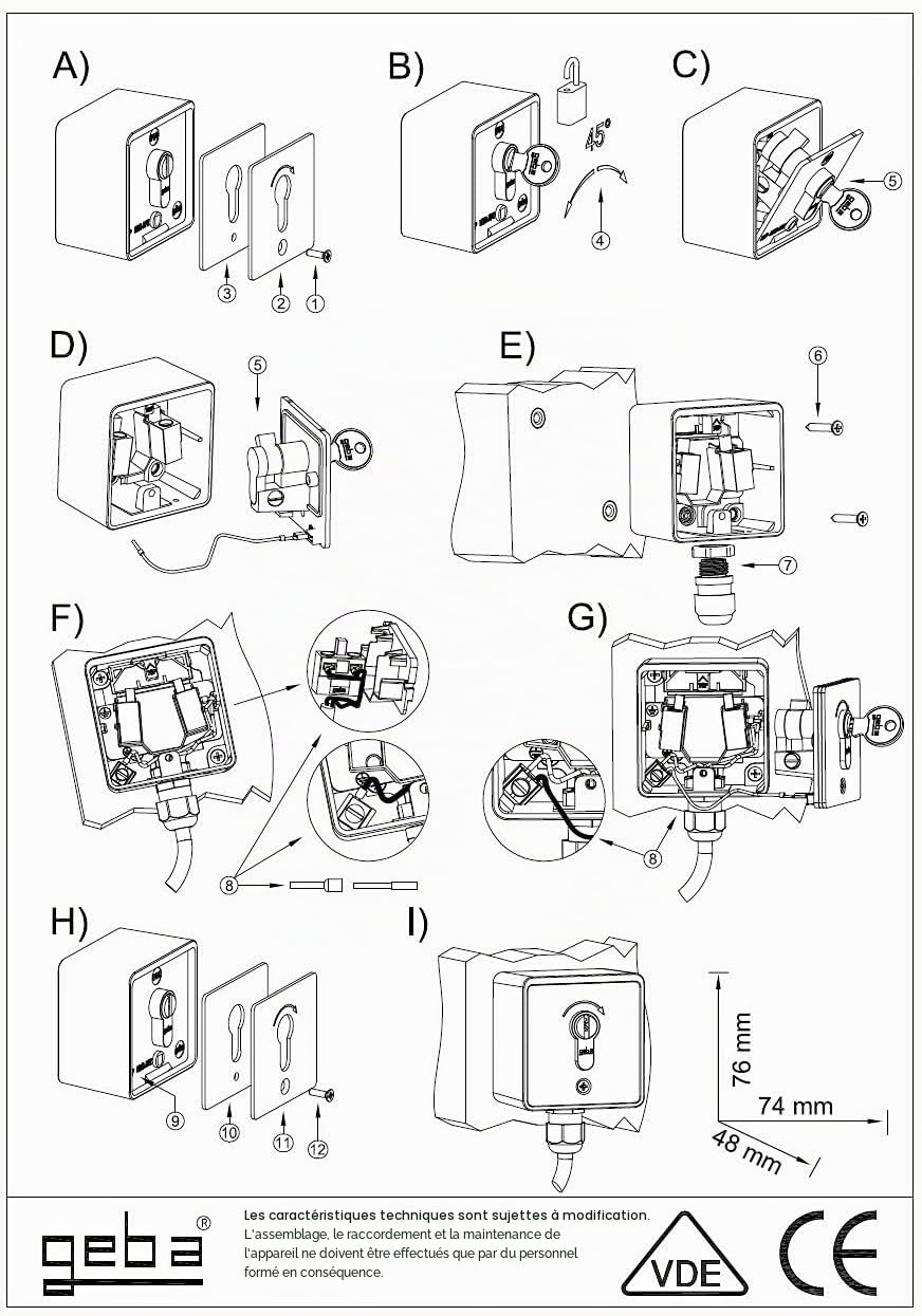 Geba MSC-APZ 1-2T/1 110.1301.1A Interrupteur à clé en saillie, avec 2 côtés à impulsion, un demi-cylindre à profil DIN et 3 clés, antivol (système breveté européen), gris clair et aluminium anodisé
