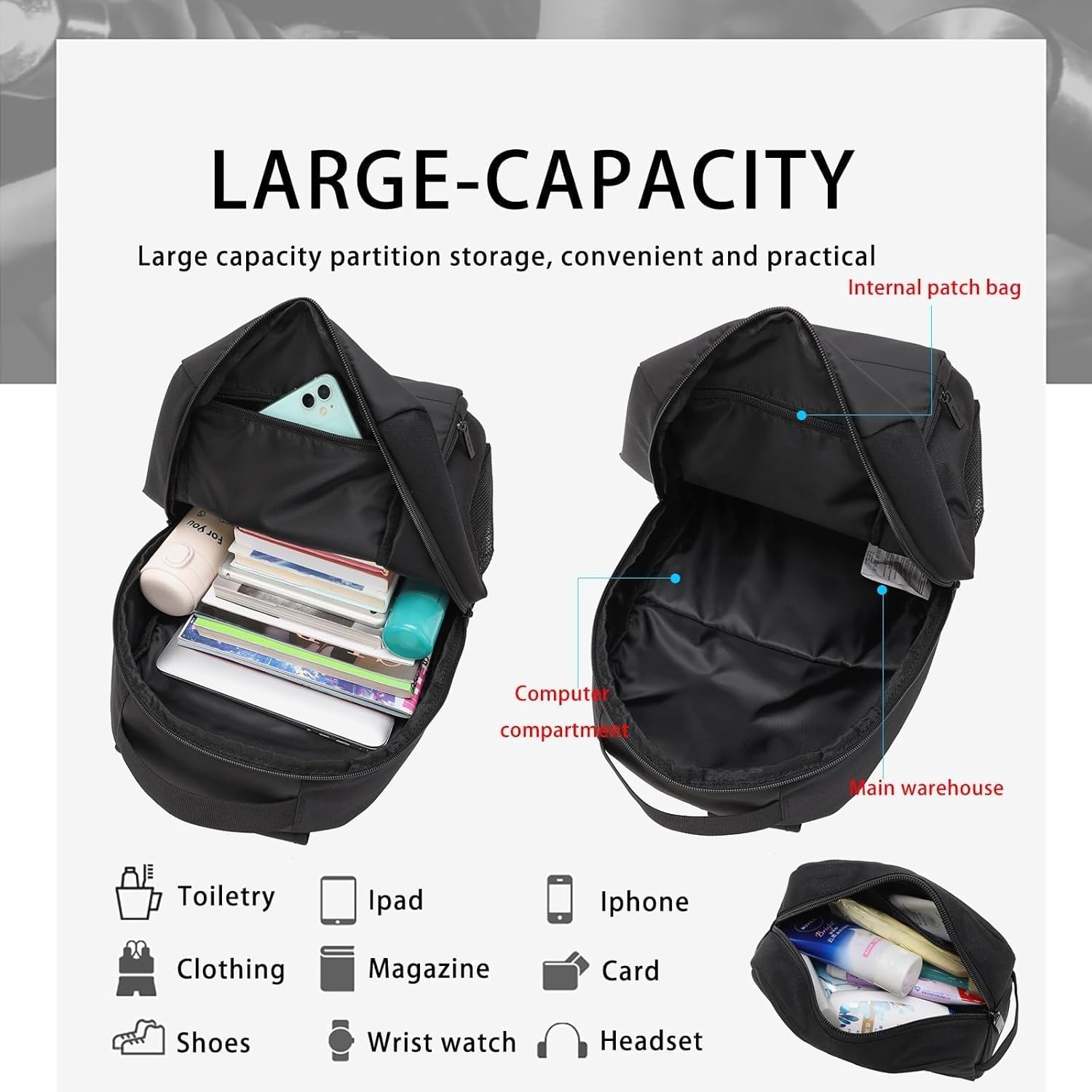 HEAD Waterproof Travel Laptop Backpack for Men, Lightweight Casual Daypack Backpacks with Toiletry Bag for Work/College/Sport/Gym/Workout, Fits 15.6 inch Laptop, Black - Image 5