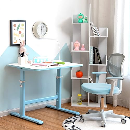Miniatura 29 de HONEY JOY Silla de escritorio para niños, silla de estudio para niños de altura ajustable, silla giratoria de malla para estudiantes, ruedas