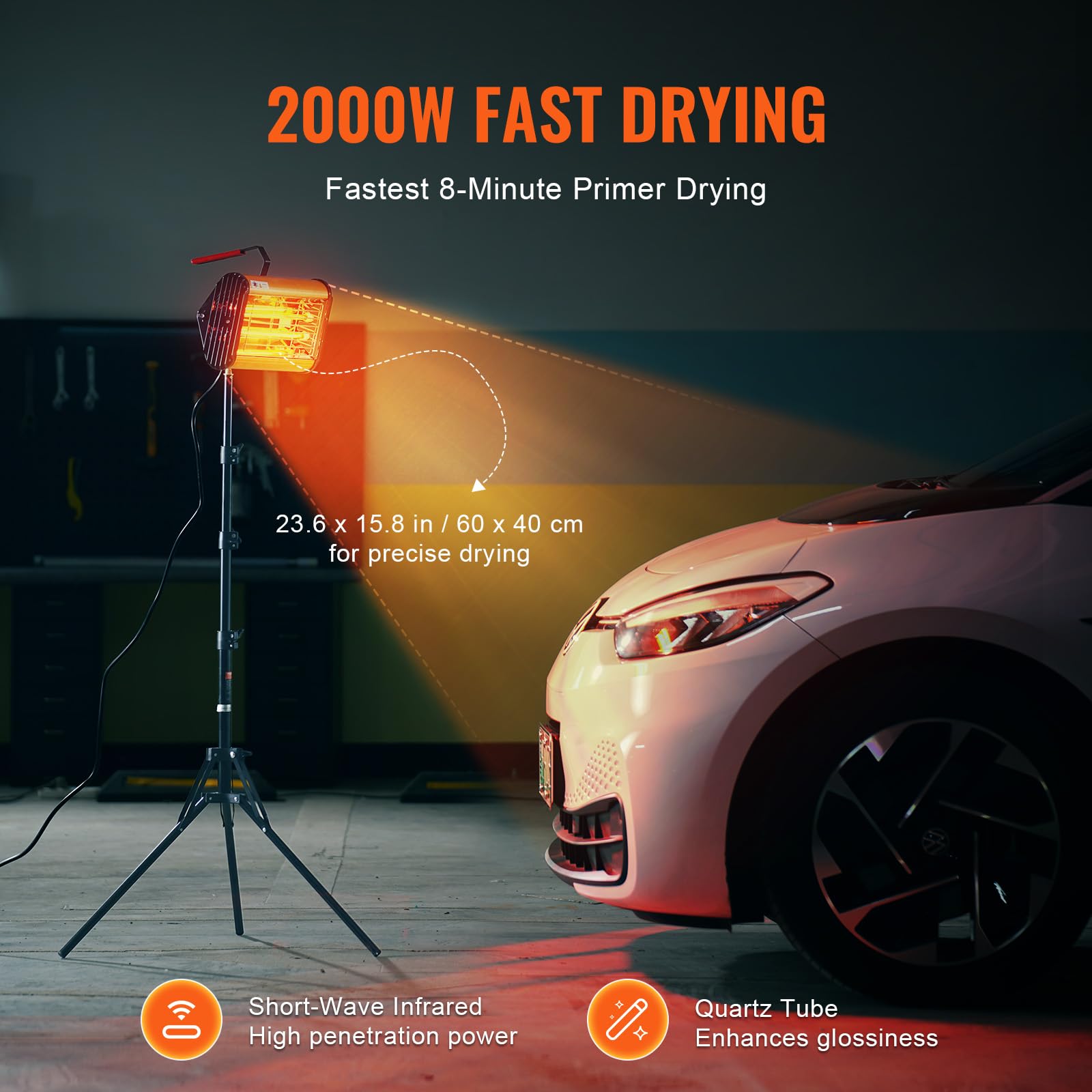 VEVOR Infrarot-Härtungslampe, Hand-/Ständer-Doppelnutzung, 2000 W, 0–90 Min. Zeiteinstellung, Auto-Härtungslampe mit automatischer Heizung und Halterung, 32 m² große Sprüh-/Backkabinenheizungen