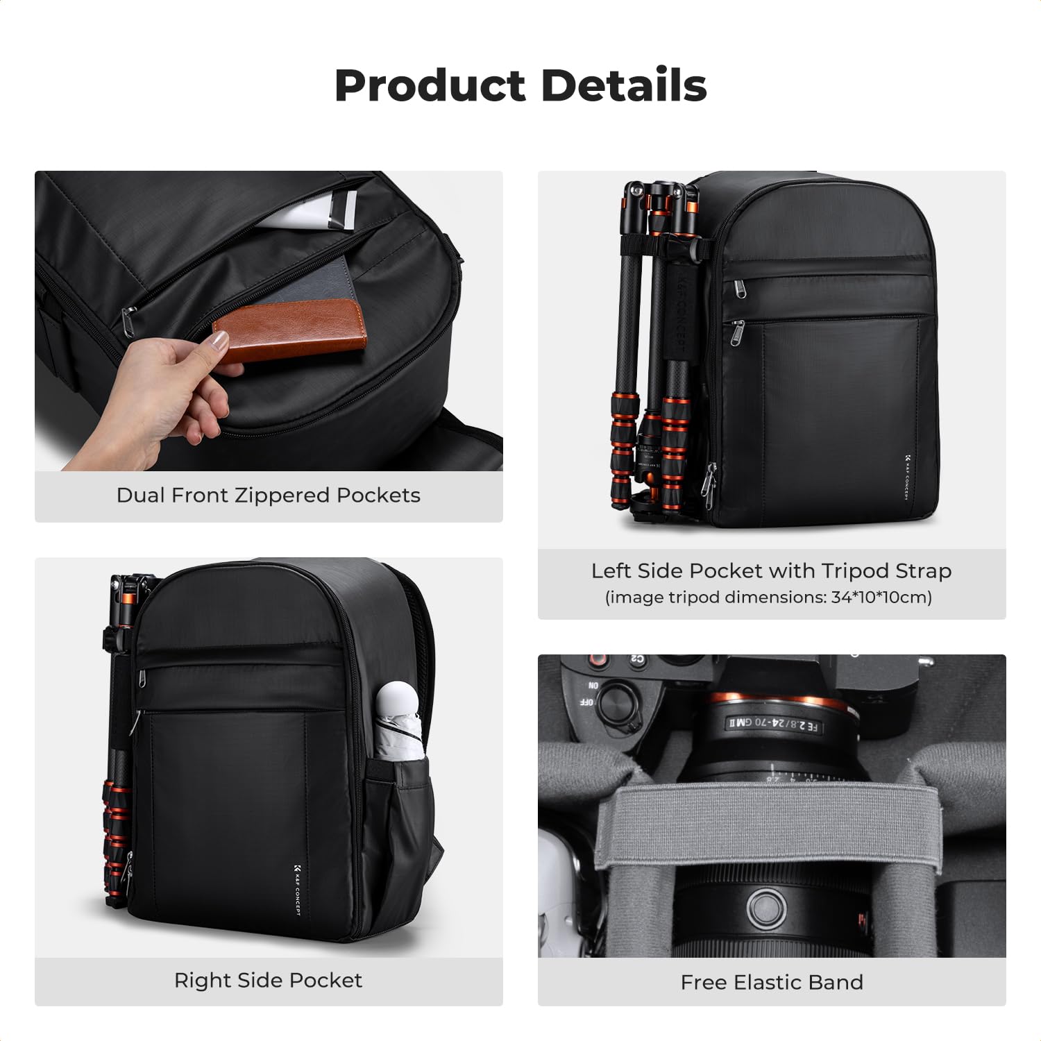 K&F CONCEPT Camera Bag Backpack, Professional DSLR/SLR/Mirrorless Camera Backpack, Photography Camera Case with Tripod Holder & Rain Cover Compatible with Canon/Sony/Nikon/FUJIFILM