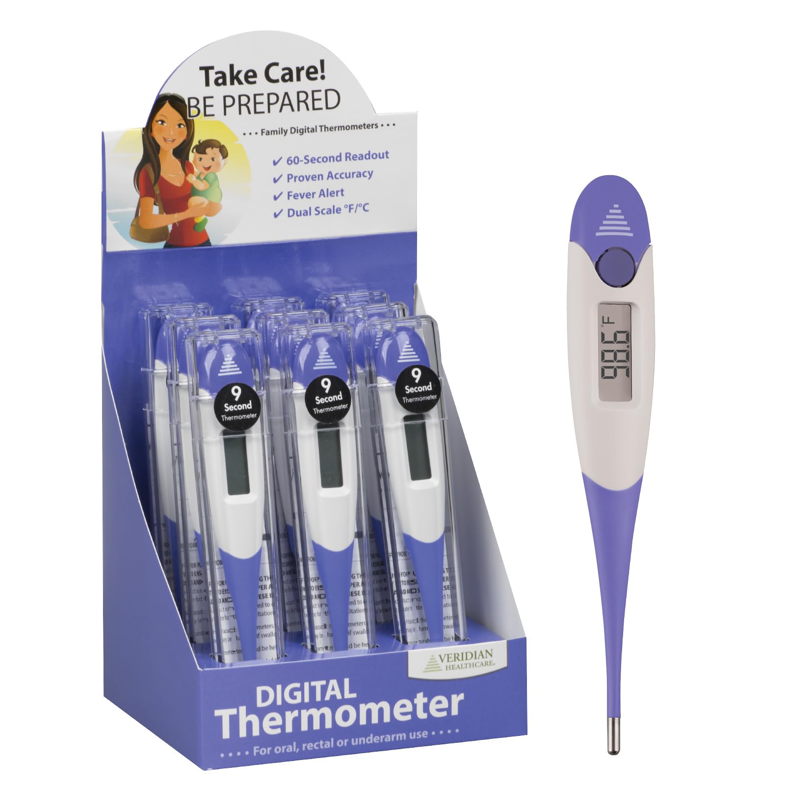 Veridian Digitales Thermometer | 9-Sekunden-Anzeige | 9-teiliges Display | flexible Spitze | hygienisch wasserabweisend einfache Reinigung | Aufbewahrungsbox + Anleitung enthalten