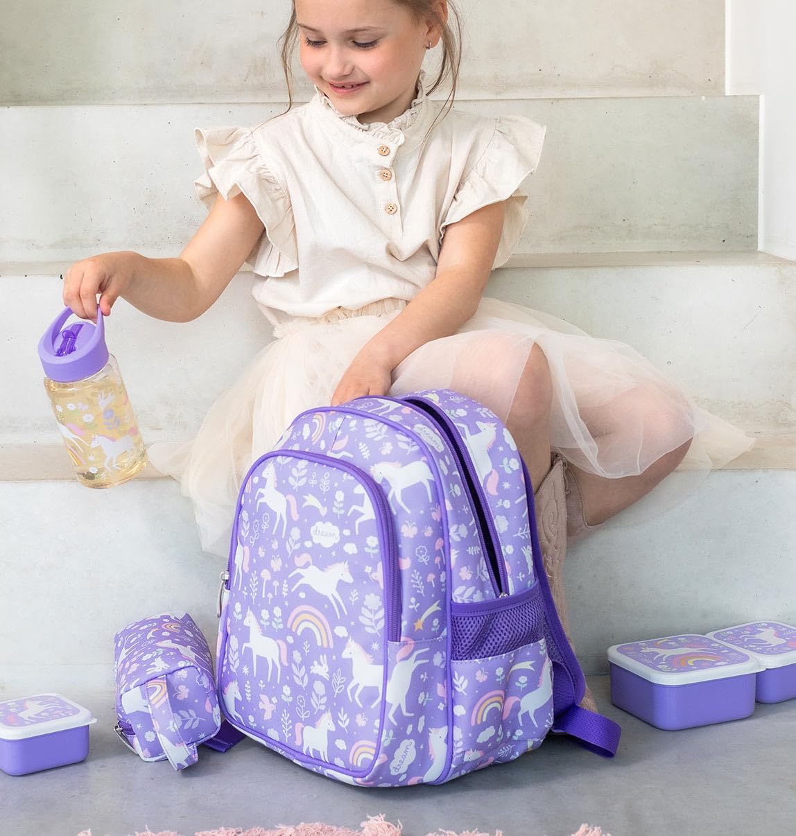 A LITTLE LOVELY COMPANY Mochila, 27x32x19 cm, Gris, Infantil, Poliéster y PEVA, 16 Litros, con Bolsillo Térmico, para Escuela y Viajes (Purpura)