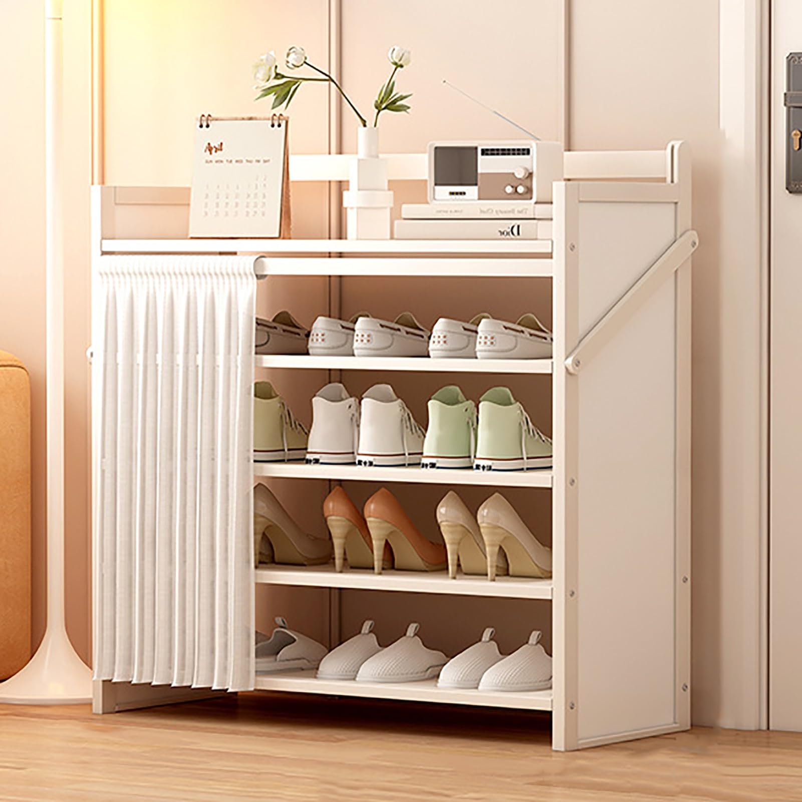 Foldable Shoe Rack No Assembly Required Bamboo Shoe Indoor/Outdoor Storage Shelf Independent Shoe Cabinet for Entryway Camping 2 Tier Black Color(White-5 Layers 27.5in)