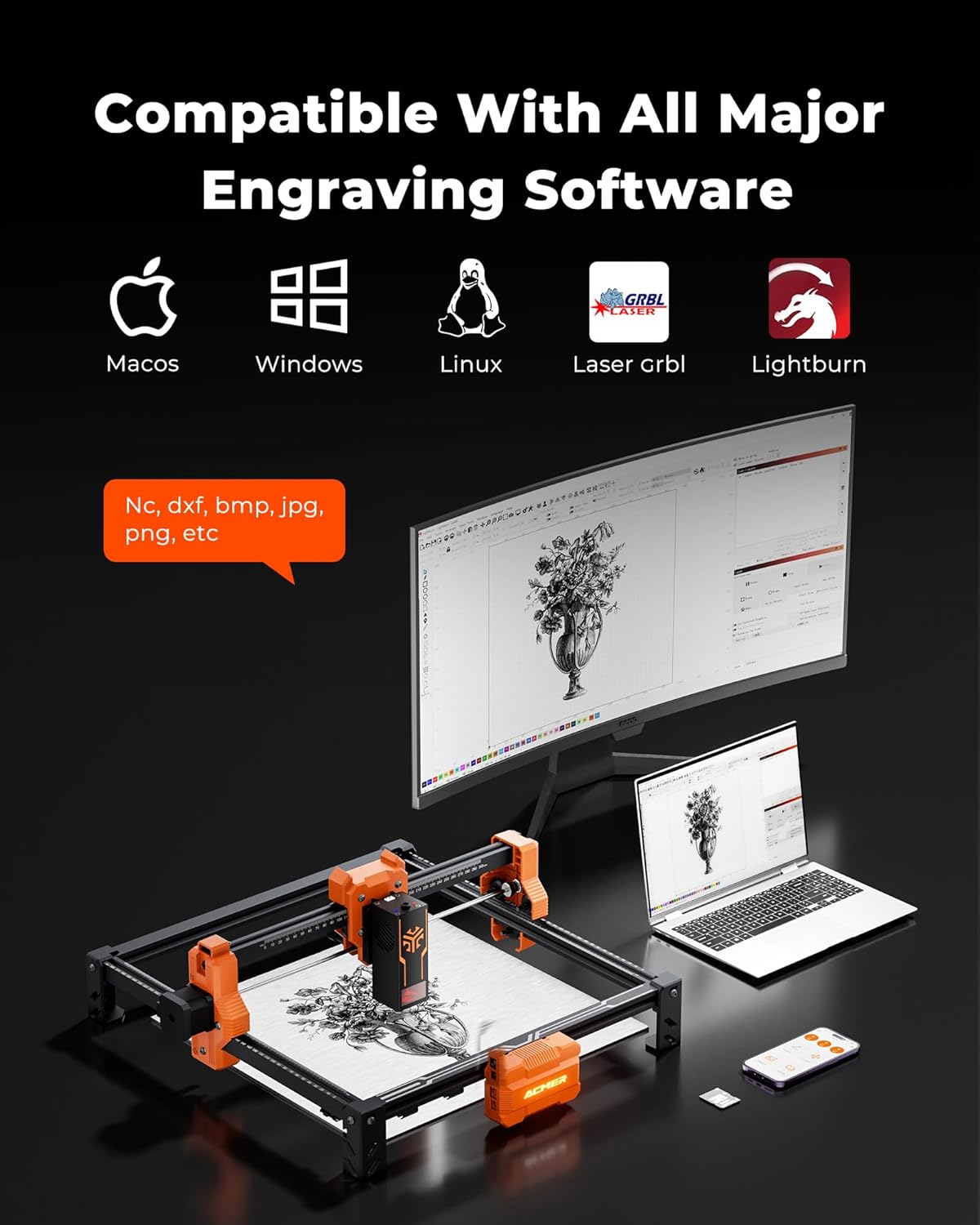 ACMER S2 Laser Engraver connected to a laptop running engraving software, showing compatibility with various operating systems and software.