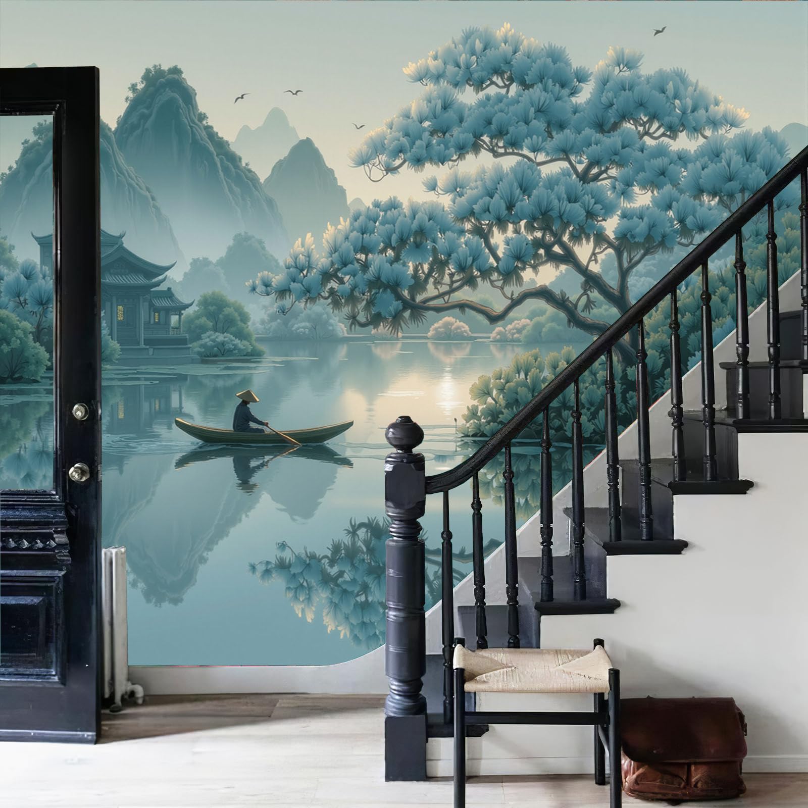 Papier peint panoramique 3D zen intissé 250x175 cm paysage de brume bleu-vert pour salon