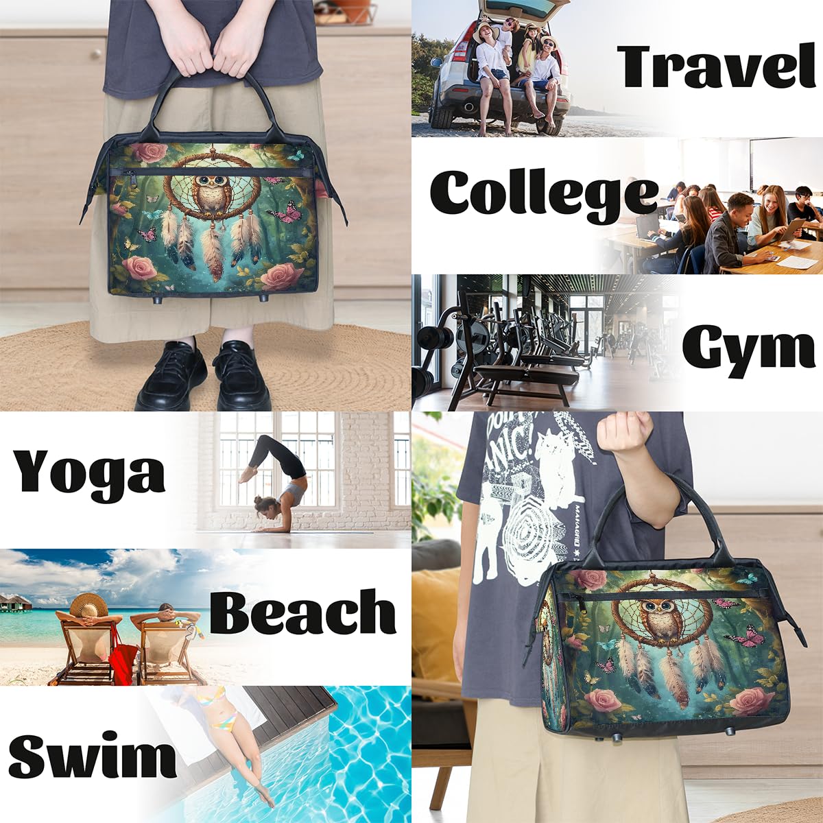 Borsa da palestra con gufo acchiappasogni per uomo e donna, farfalla rosa da viaggio sport borsone impermeabile weekend pernottamento borsa leggera bagaglio tote