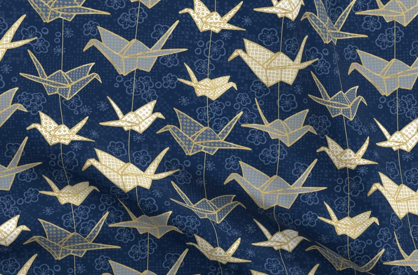 Spoonflower Fabric - Luck Cranes Origami Japanese Crane Peace Gold Cherry Blossom Japan Printed on Organic Cotton Sateen Fabric by The Yard - Sewing Quilting Apparel Home Decor