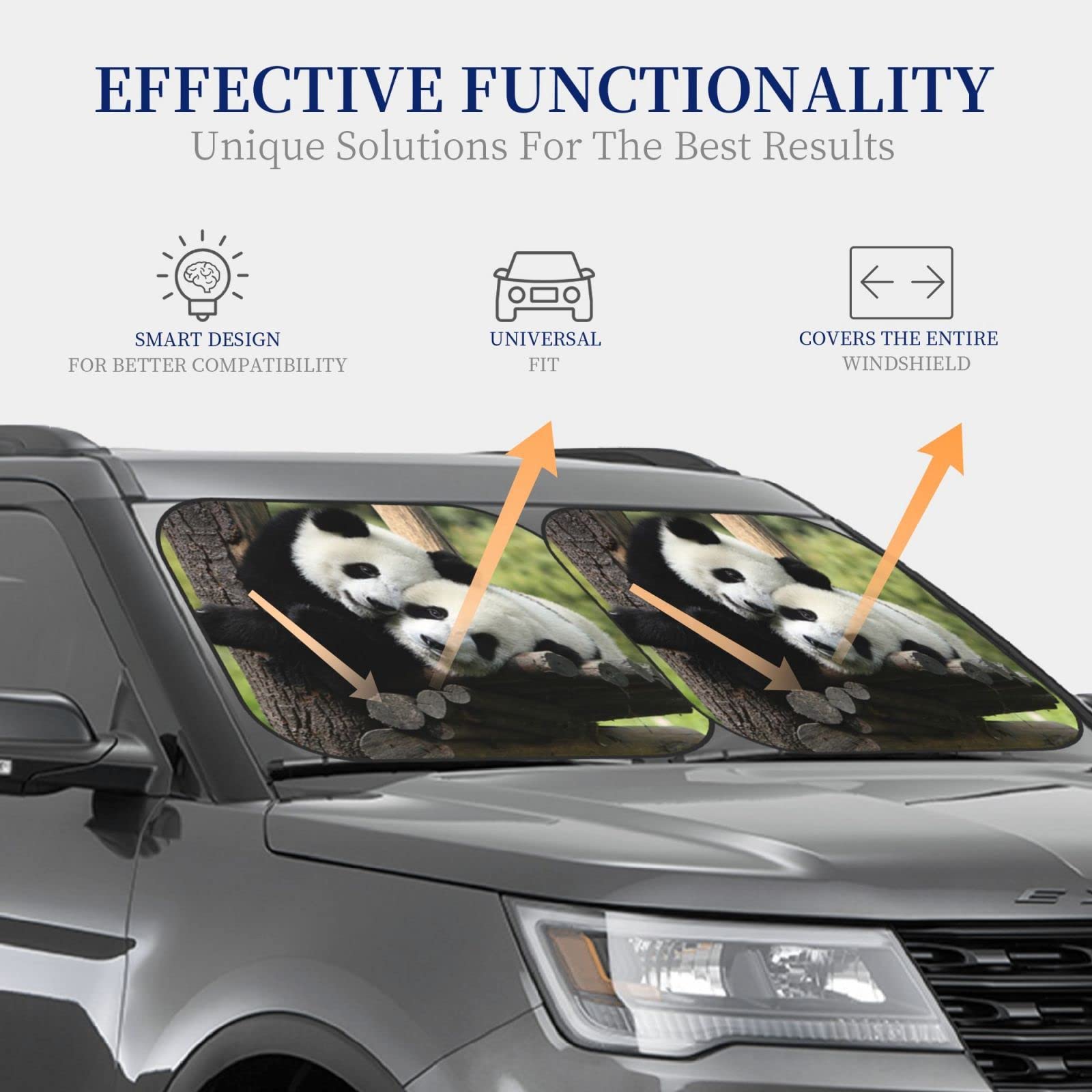 Auto-Sonnenschutz mit zwei großen Pandas-Aufdruck, faltbar, UV-beständig, hält das Auto kühl, geeignet für Autos, SUV und LKW