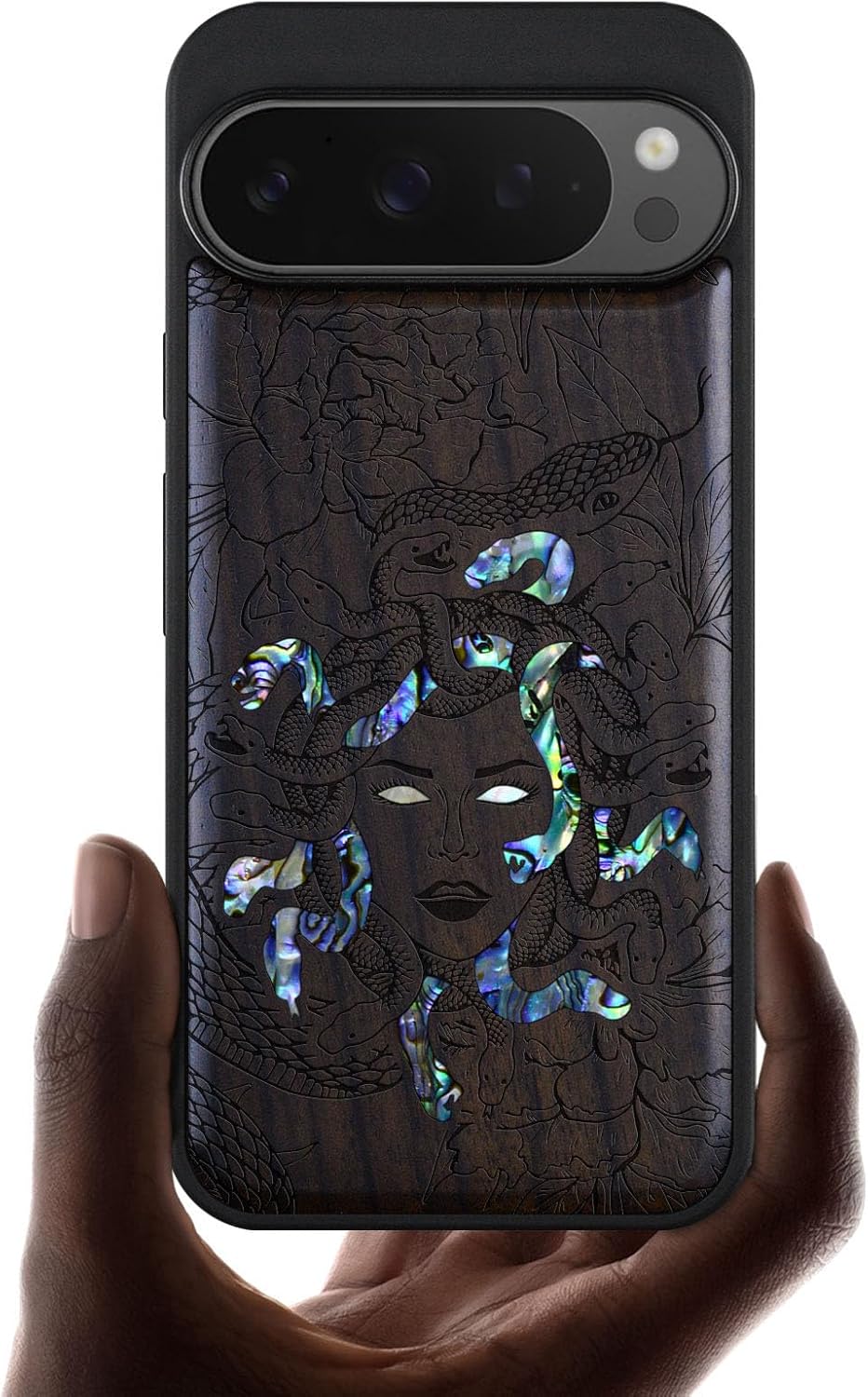 Carveit Magnetic Wooden Case for Pixel 9 Pro / 9 Pro Case, Wood Artisan Engraved & Handmade Shell Inlaid, Compatible with MagSafe Wireless Chargers, The Medusa Enigma - Blackwood