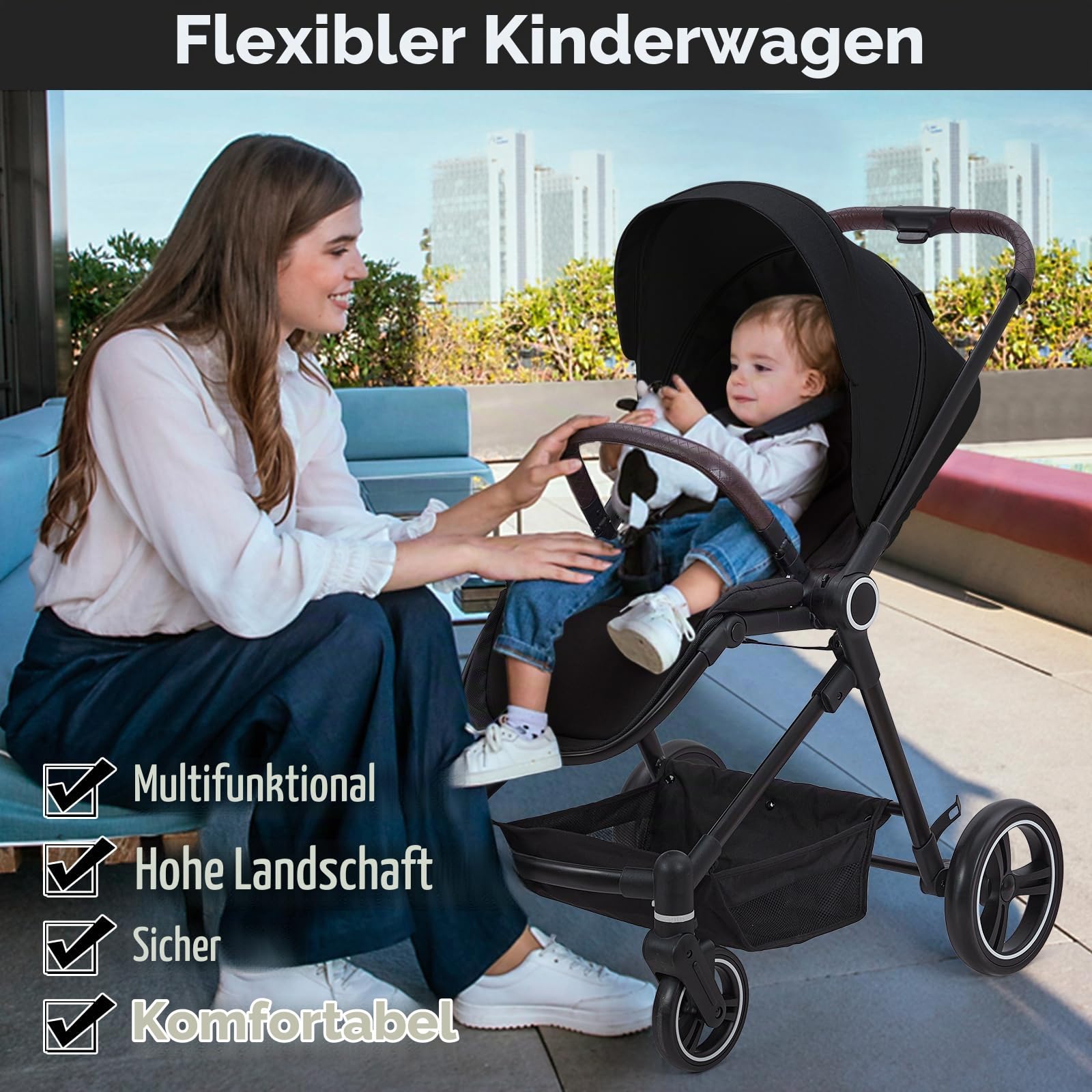 Kinderwagen 3 In 1, Kinderwagen Set Mit Sportlichen Sitz, Buggy Mit Umkehrbarem,Babywanne Buggy and Sportsitz Mit Einem Klick Zusammenklappbarer,Tragbarer, Regenschutz Große Ausziehbare Verdeck