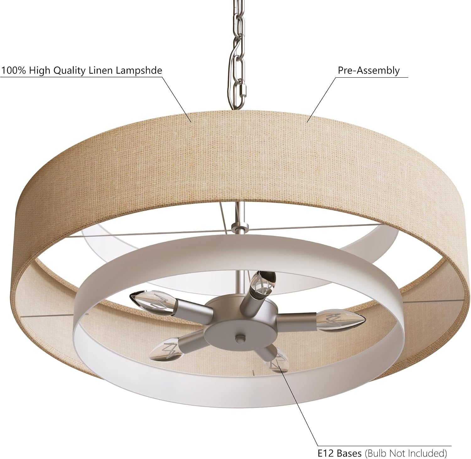 Maxax 3-Tier Drum Chandelier, 5-Light Farmhouse Ceiling Light Fixture with Natural Linen Fabric Shade, 24 Inch Round Pendant Lighting for Dining Room Kitchen Island Bedroom