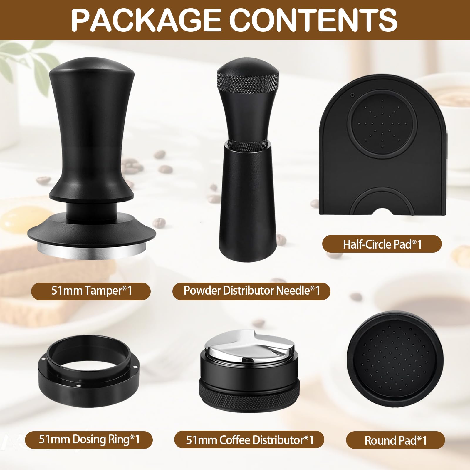 Set di 6 tamper per caffè, in acciaio inox da 51 mm, per macchine portafiltro, accessori barista con anello dosatore, distributore di caffè, tappetino antiscivolo e base per tamper