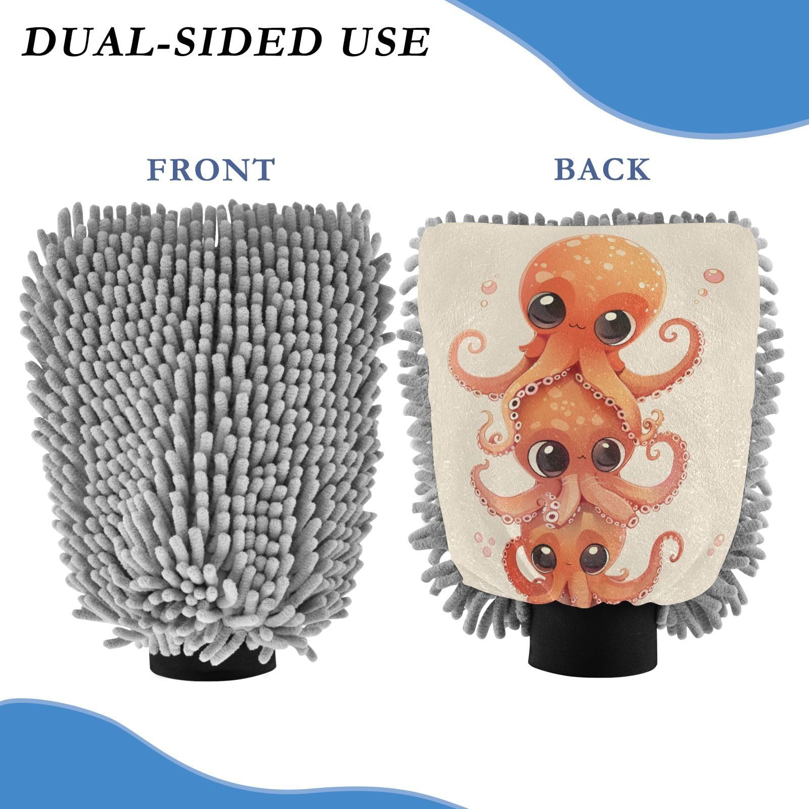 ALAZA Cute Octopuses Car Wash Mitt Scratch Free, 2 Pack Absorbent Microfiber/Chenille Washing & Drying Mitts, M
