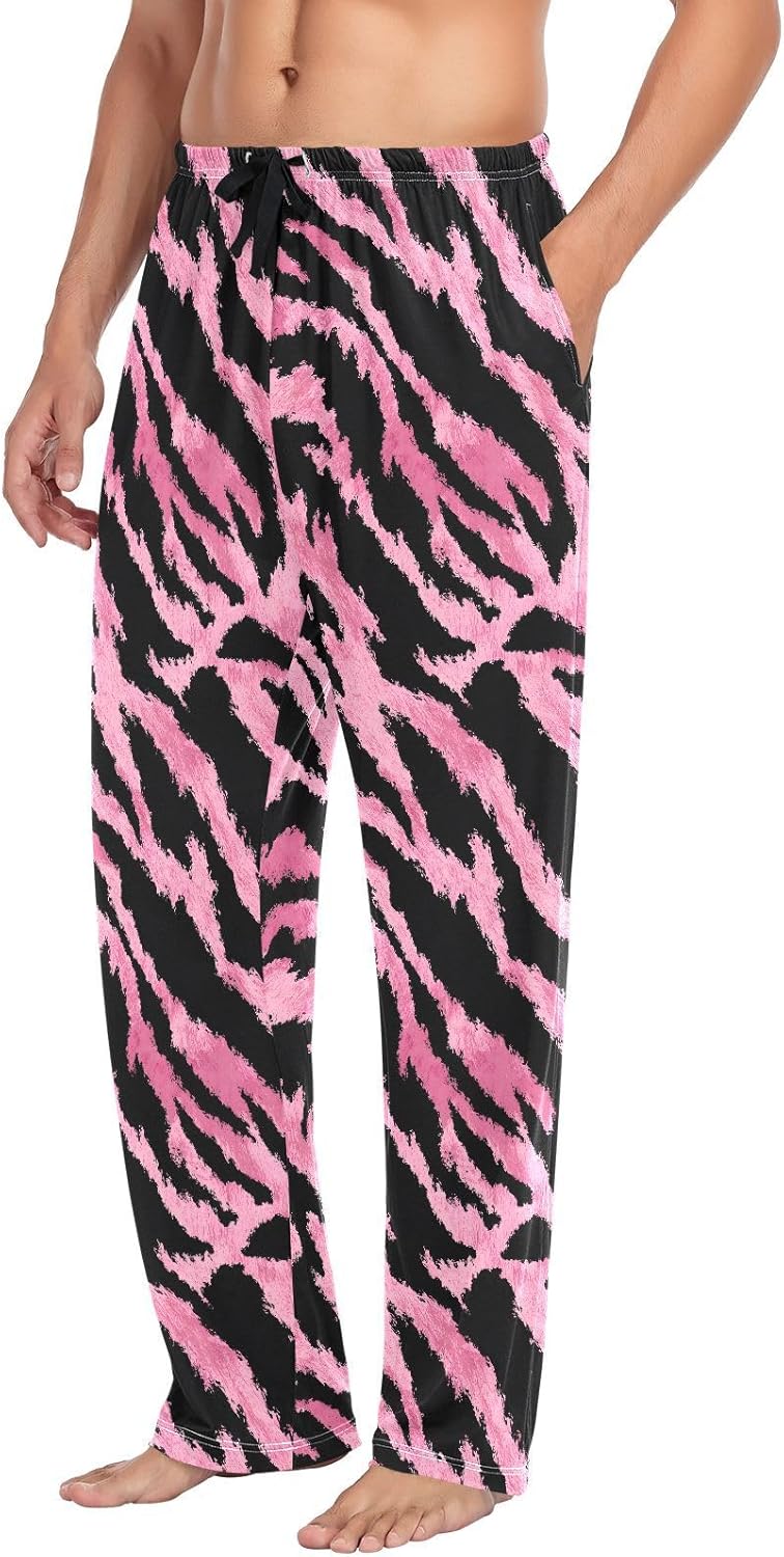 ALAZA Pink Black Tiger Print Men's Pajama Pants Men Cotton Pajama Bottoms with Pockets, S