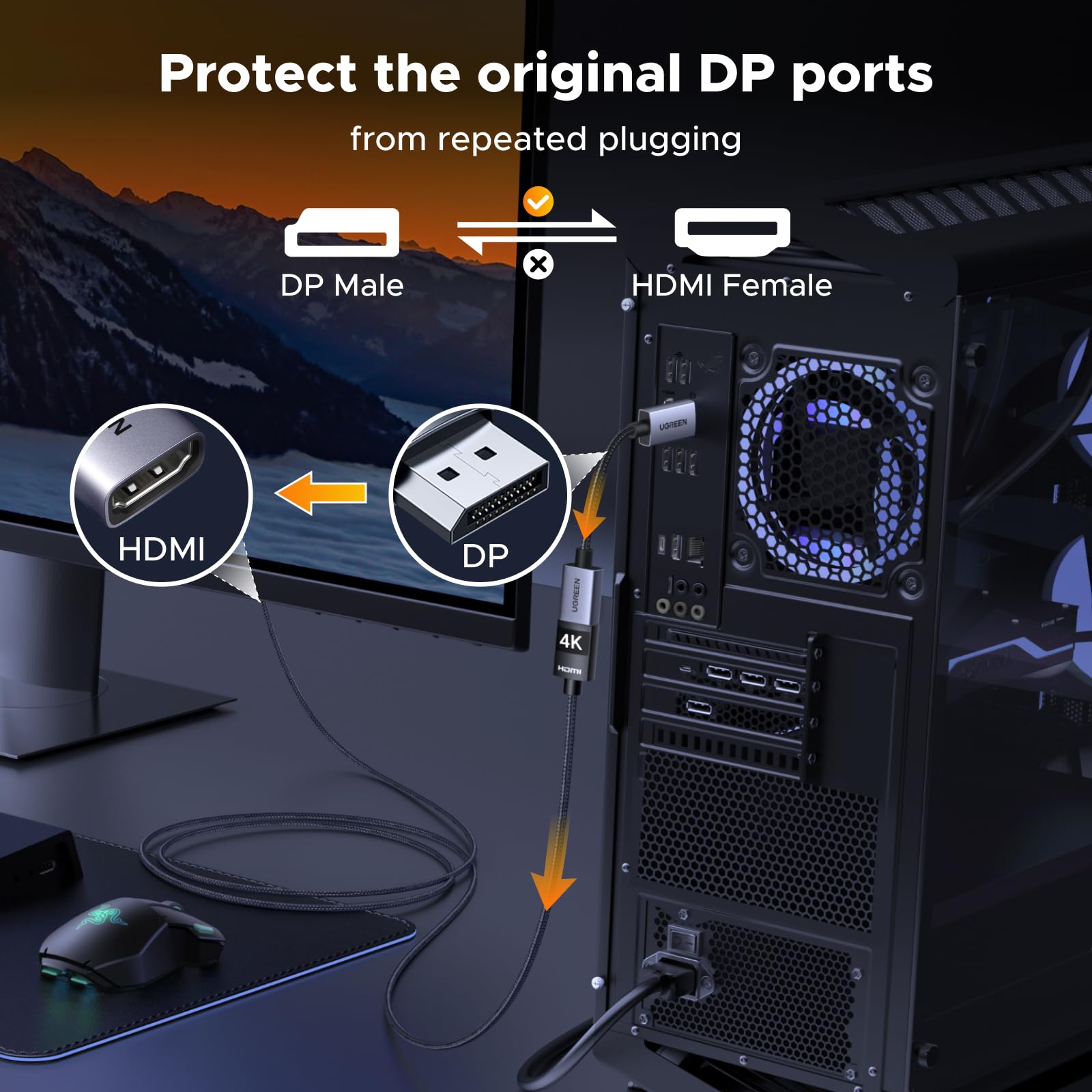 UGREEN 4K Adattatore DisplayPort a HDMI Unidirezionale Convertitore DP Maschio a HDMI Femmina 4K 30Hz 2K 60Hz 1080P 120Hz 2 Pezzi
