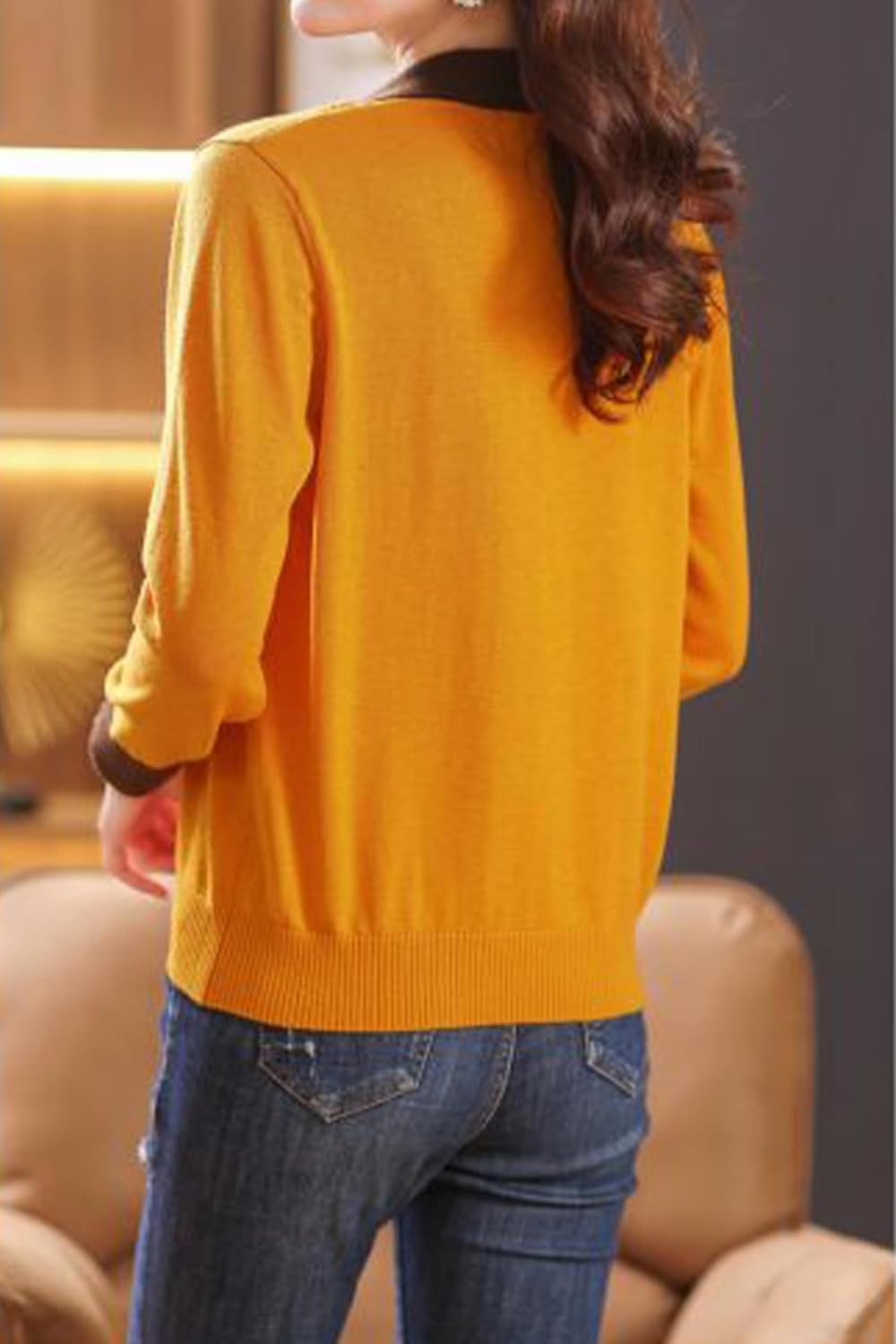 LAI MENG FIVE CATS Women's Casual V-Neck Knit 2 in 1 Pullover Shirt Long Sleeve Blouse Top - Image 5