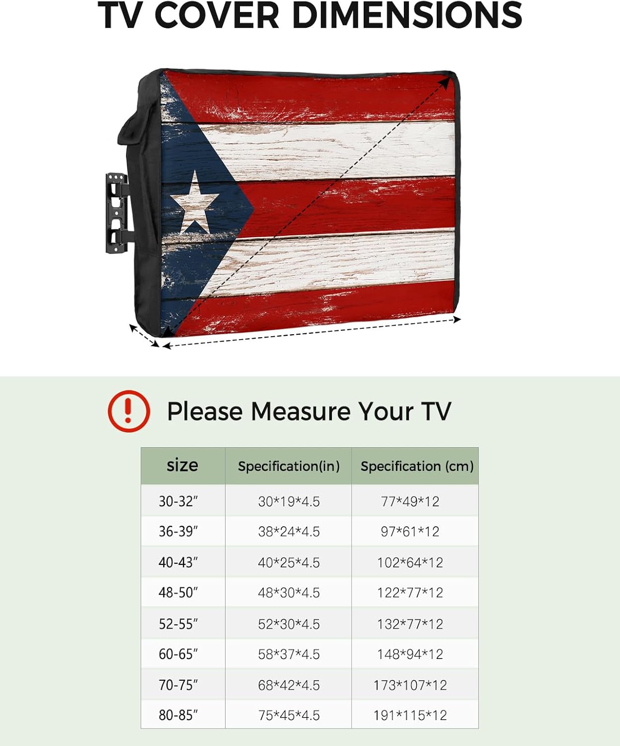 Outdoor TV Cover - Puerto Rico Flag Patriot Vintage Wooden Board Text Waterproof and Weatherproof 36"-39" LCD Movable Shield TV Display Screen Protector Outside Television Covers