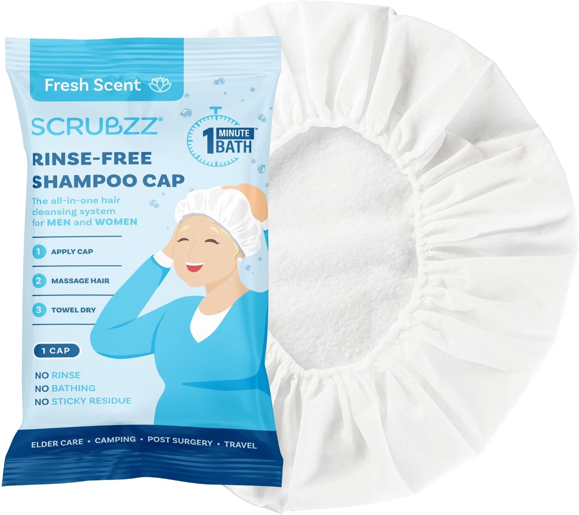 Scrubzz Shampoo Cap No Rinse for Elderly and Bedridden Patients, Rinse Free Shampoo Cap for Post Surgery and Hospital Stays, Waterless Hair Washing Shower Caps - 1 Pack