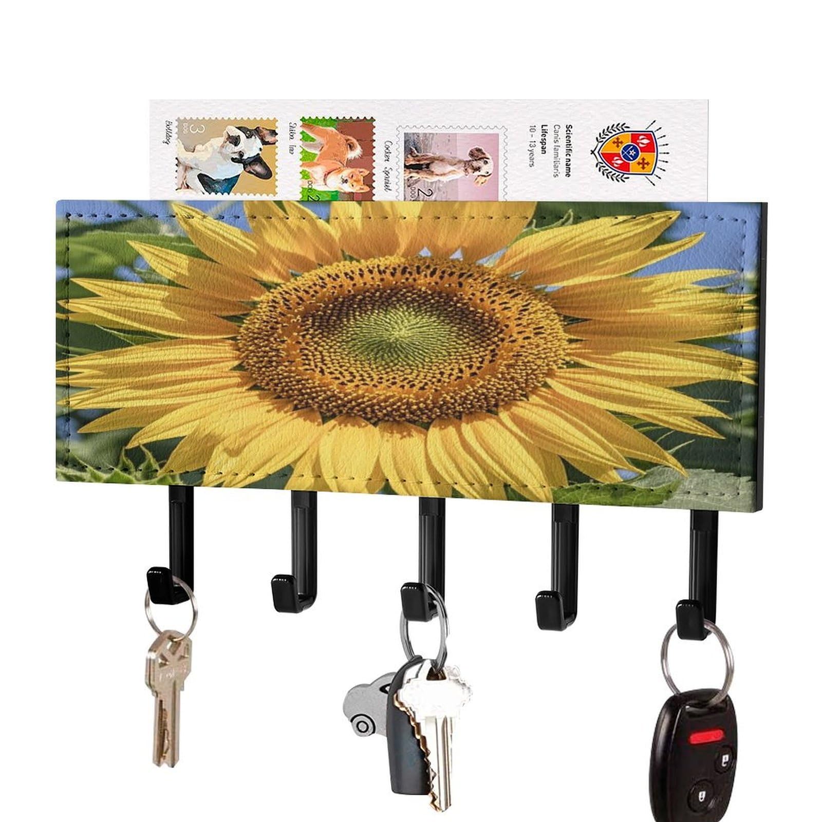 Lzqpoeas Black-Style Sunflower Key Holder Wall Mount With Mail Organizer Fashion Adhesive Key Hanger With 5 Hooks No Drill Pu Leather Key Organizer Rack For Entryway Kitchen Hallway Decor