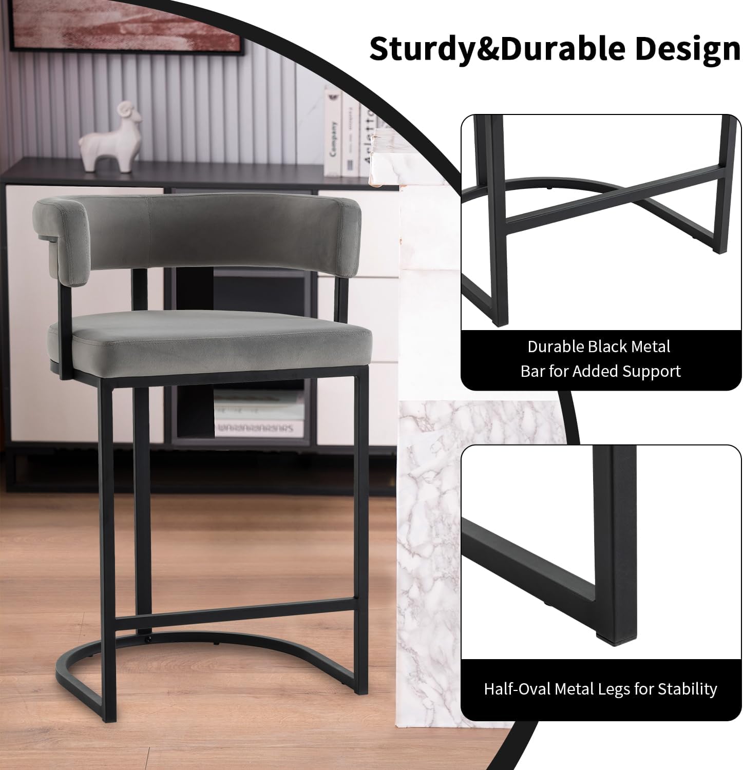 Set of 2 Grey Modern Velvet Bar Stools with Barrel Backrest, Upholstered Seat, and Black Metal Footrest – 25.6-Inch Seat Height, Ideal for Counters, Home Bars, and Kitchen Islands