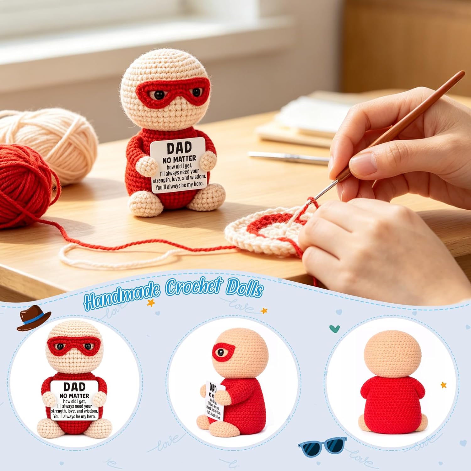 Mini Birthday Gift for Dad from Daughter Son Wife Funny Handmade Crochet Hero Thank You Gift for Dads Inspirational Best Dad Ever Gifts for Step Dads First-Time Father in Law Husband