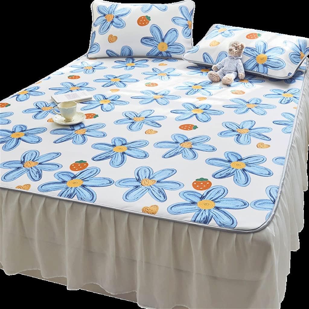 Bed Skirt Style Ice Silk Mat Three-Piece Summer Princess Cool Feeling Double Air-Conditioning Mat Can Be Washed (Color: Blue, Size: 6.9 ft (1.8 m) (Blue 1.8 m)