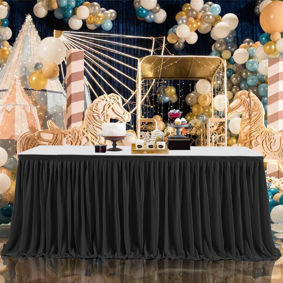Faldones de mesa negros de 12 pies para mesas rectangulares, falda de mesa de poliéster, faldas de escritorio, falda de mantel con volantes para fiesta de cumpleaños, banquete, fiesta temática negra,