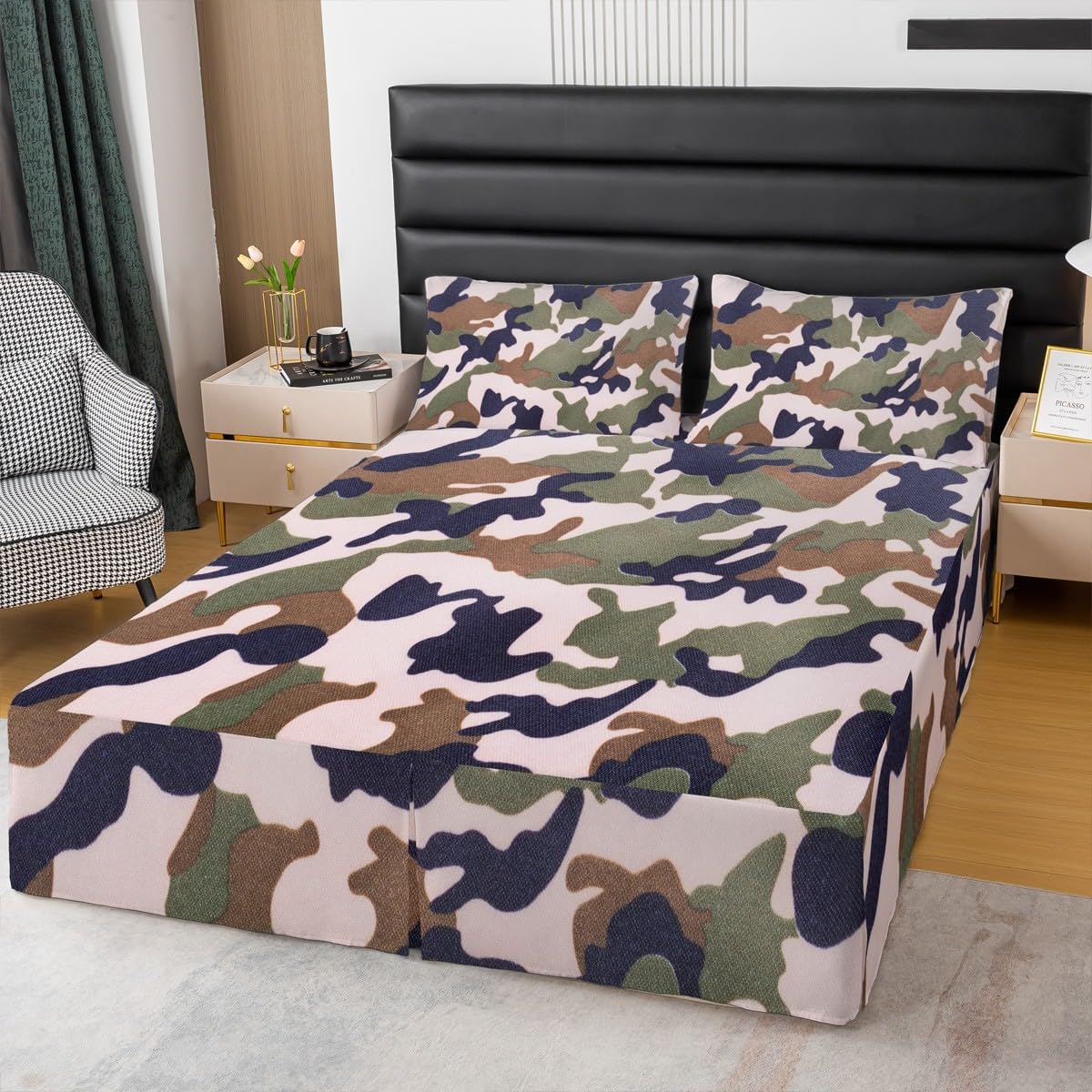 Erosebridal Kids Camo Bed Skirt Army Camouflage Bed Skirts Queen Size 15 Inch Drop, Militarily Bedskirt for Boys Teens Adult Men, Minimalist Campaign Camo Bedding Set with 2 Pillow Cases, Green Black