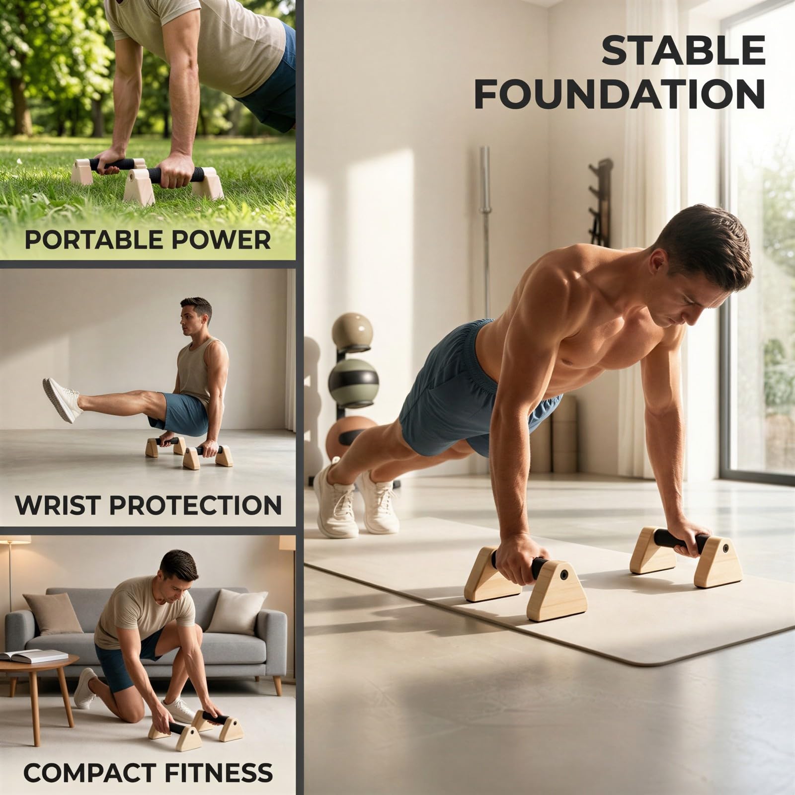Parallettes aus Holz, Liegestützgriffe aus Kiefernholz, stabile Dreiecksstützen mit rutschfesten Pads, Calisthenics-Trainingsgerät, bequemer Griff für das Home-Gym-Training